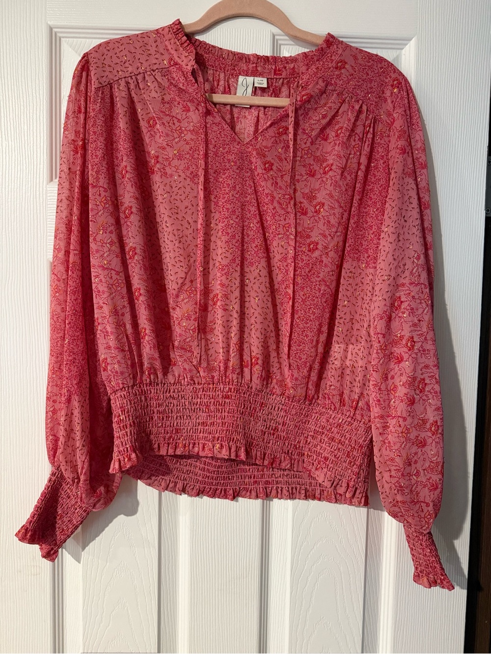 Joie Pink Floral Smocked-Hem V-Neck Blouse